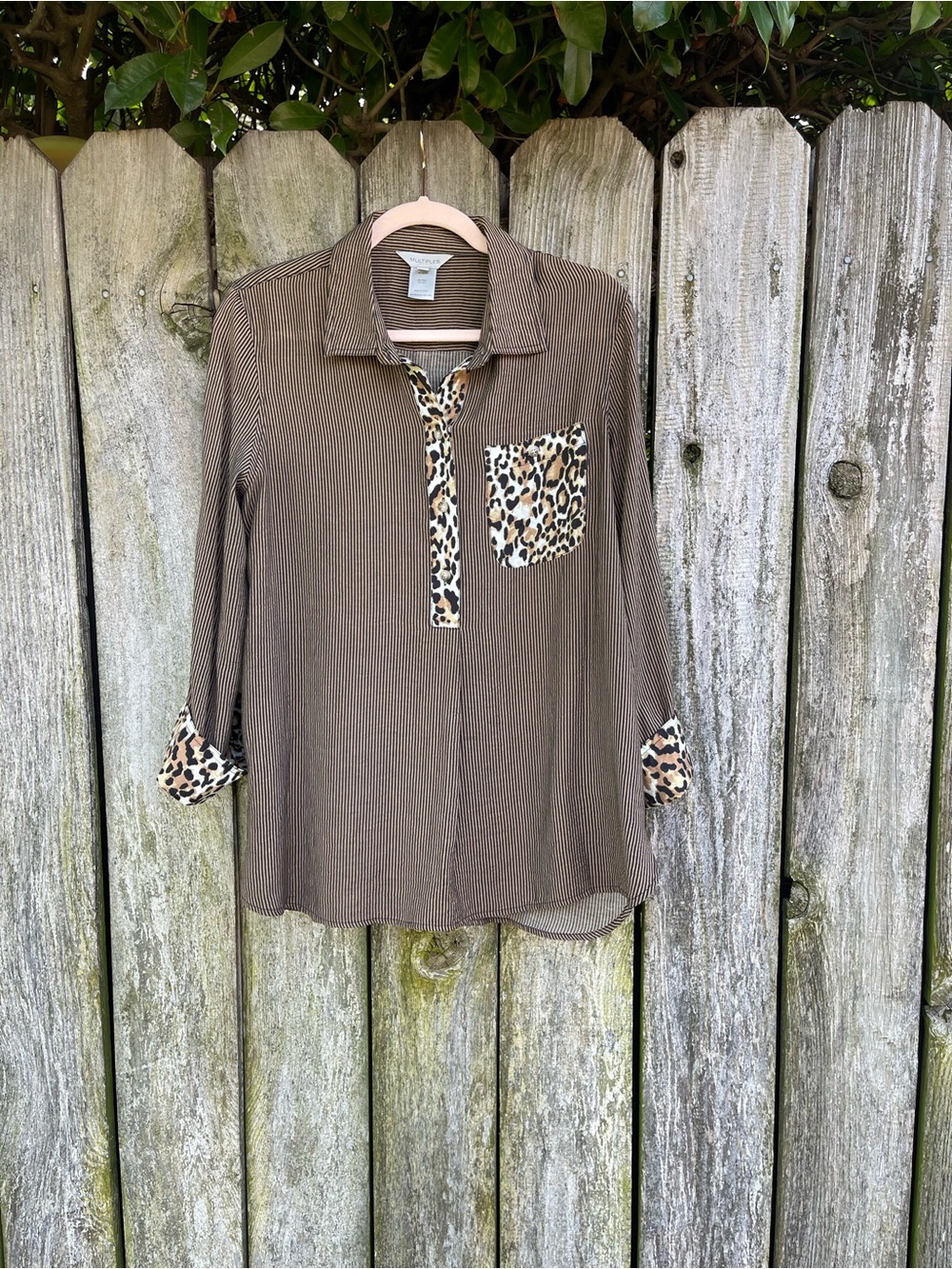 Multiples Striped Animal Print Tunic Top 3/4 Sleeve Rayon Blend Size S EUC
